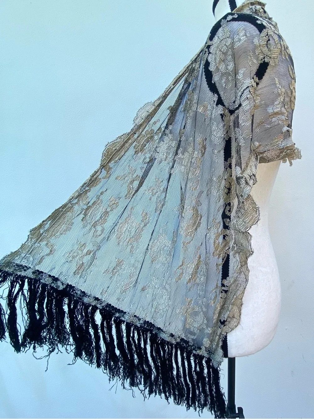 Vintage Gold Lace & Black Mesh Fringe Scarf